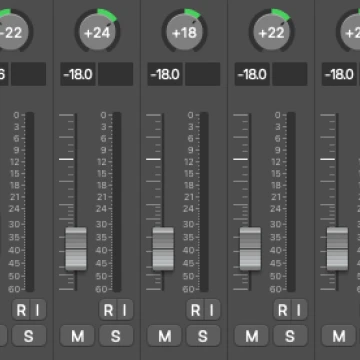 A screenshot of 13 virtual faders in a Logic session.